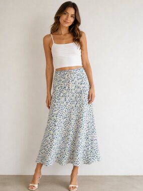 Nia Floral Slip Midi Skirt White Blue Green Spring Summer Bias Cut Medium